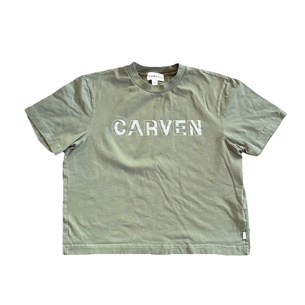 Carven Paris Logo T-Shirt Women 8 Olive Green Boxy Cropped Cotton Tee